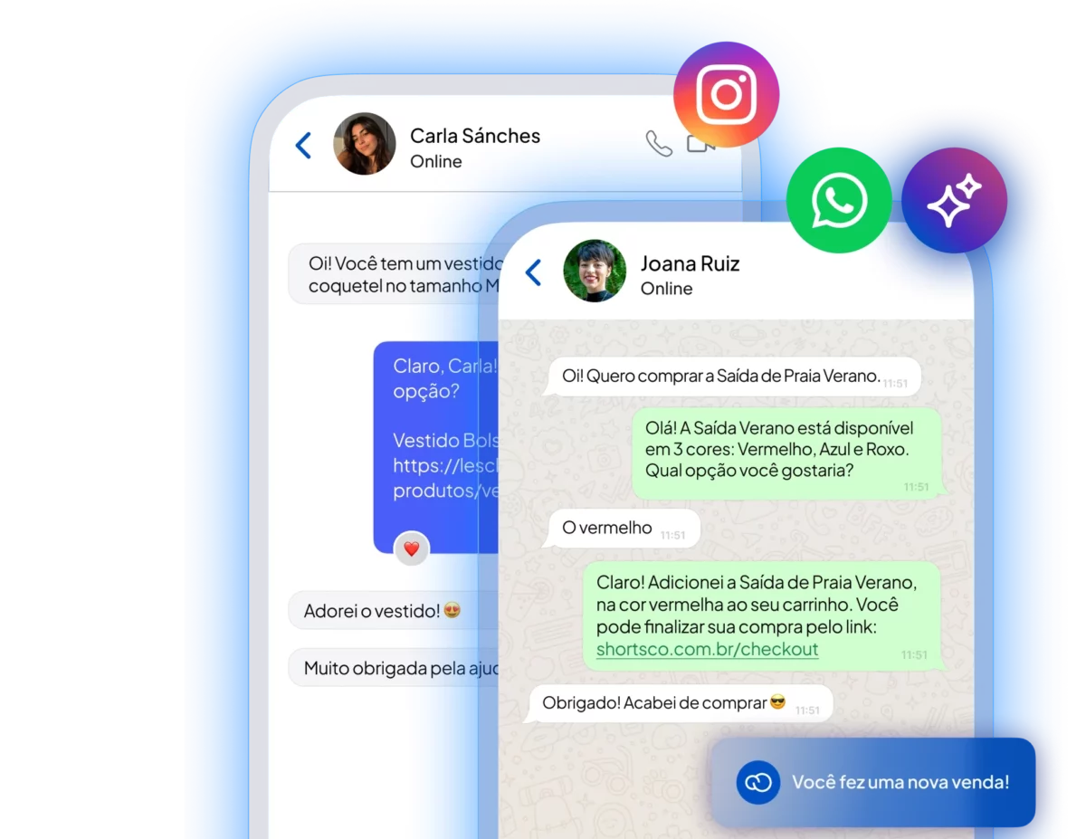 Conversas no WhatsApp e Instagram em que a IA do Nuvem Chat identifica o produto, adiciona ao carrinho e confirma a venda automaticamente.