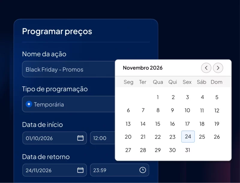 Programar preços para Black Friday com calendário de novembro 2026.